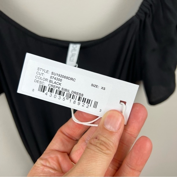 Rachel Pally Crepe Sibil Dress XS Black Square Neck Flutter Sleeve Tie Waist - Picture 6 of 12